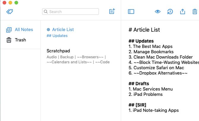 Preview of Simplenote app on Mac