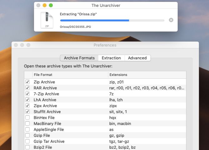 File extraction with The Unarchiver on macOS