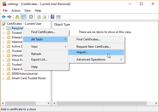 windows certificate manager import certificate