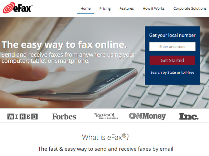 eFax Online Fax Service Main Website Page