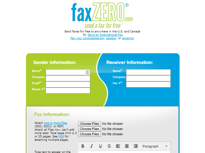 FaxZero Online Fax Service Sending Page