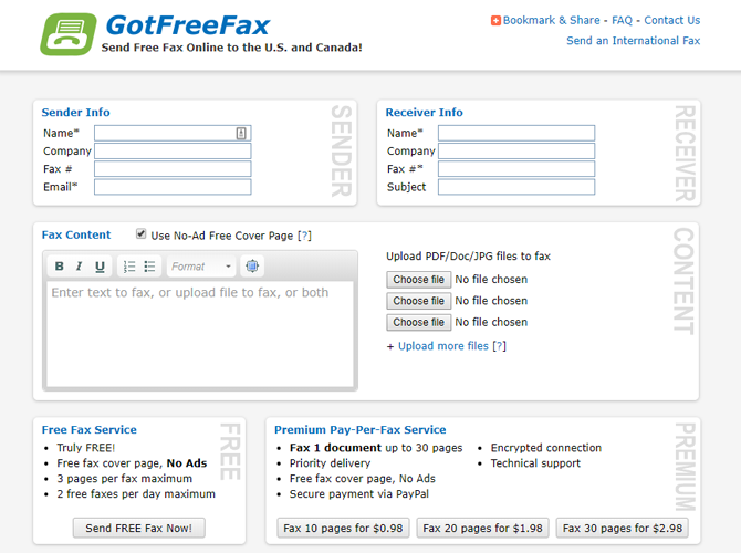 GotFreeFax Main Website Sending Page
