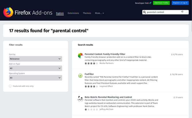 Parental control extensions available for the Firefox web browser