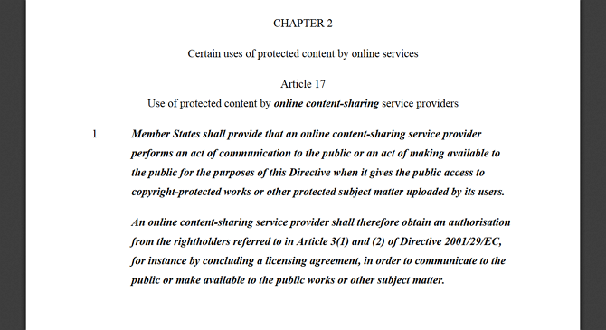 Screenshot of Article 17 from the EU's Copyright Directive 2019