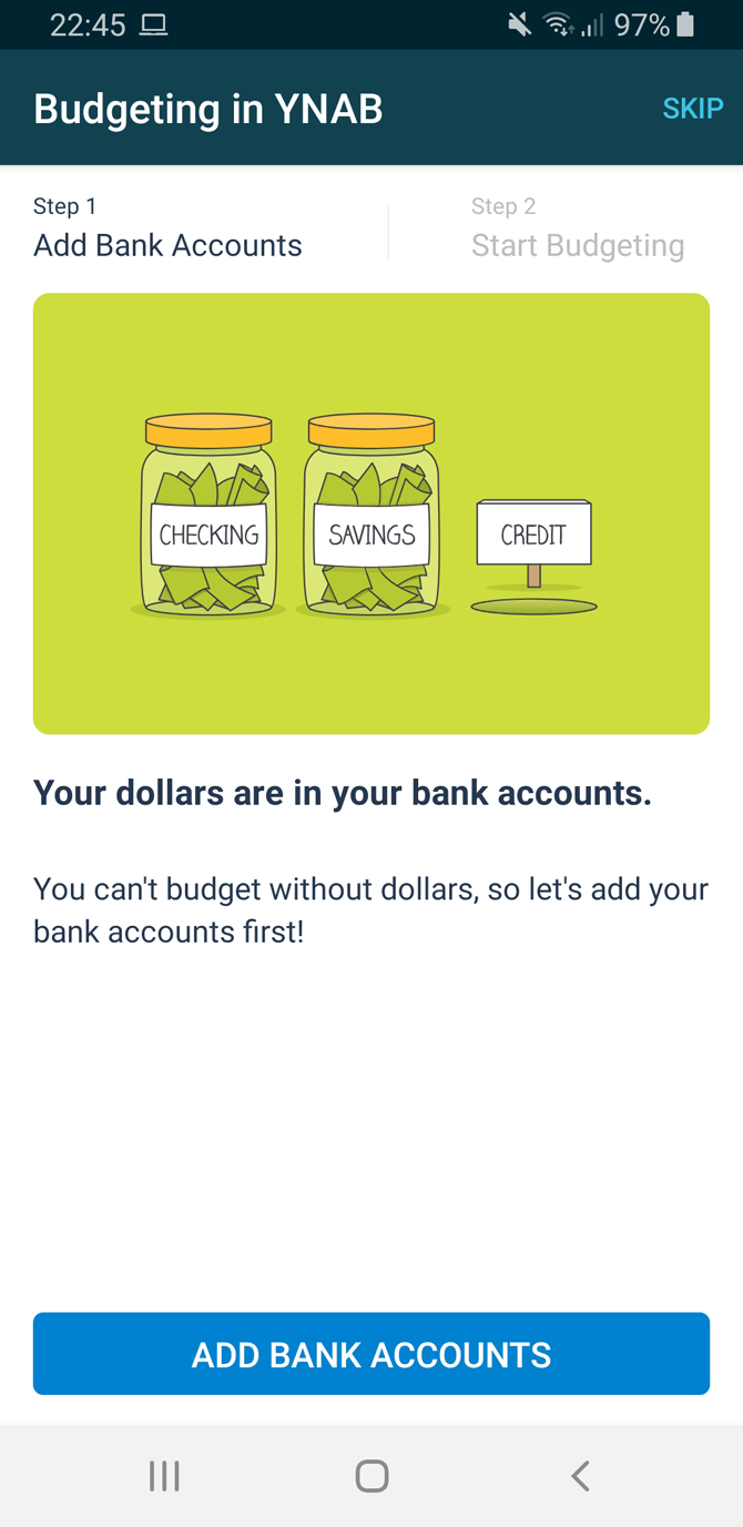YNAB Android Add Bank Accounts Screen
