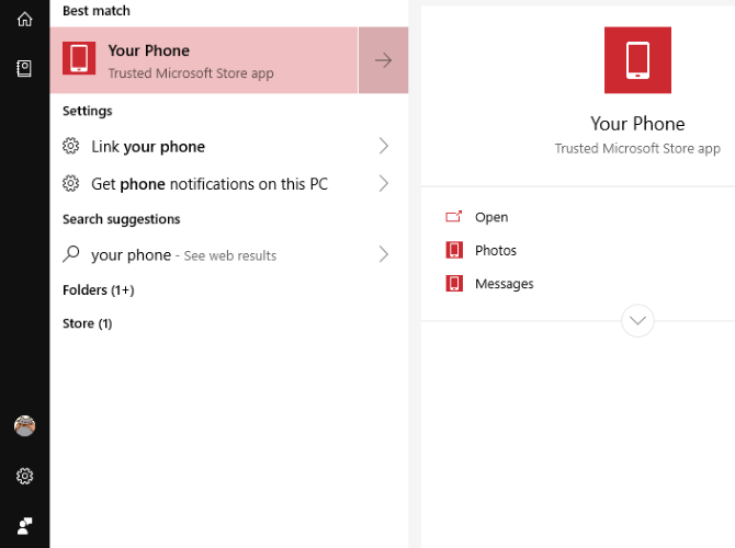 Selecting the Your Phone app in Windows 10