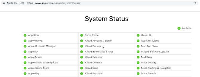 Apple System Status webpage