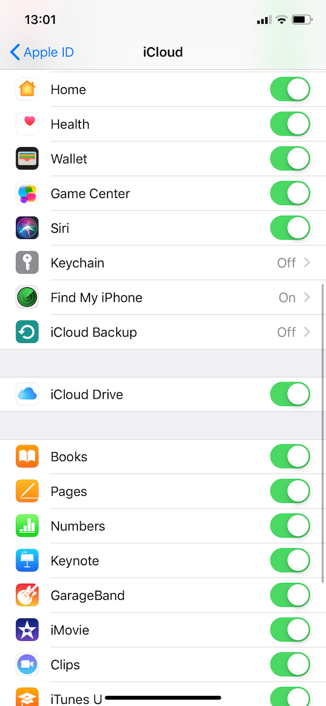 Settings page for iCloud