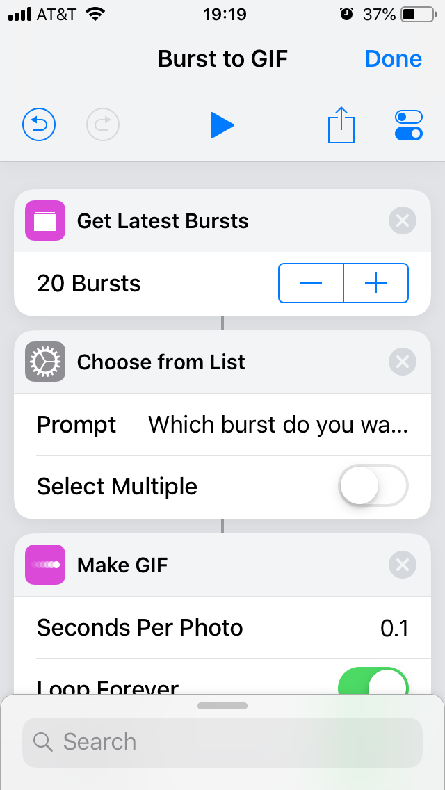 Burst to GIF shortcut settings