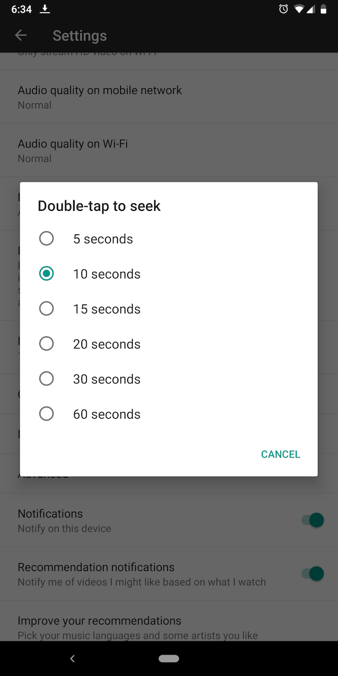 change double-tap to seek duration youtube music