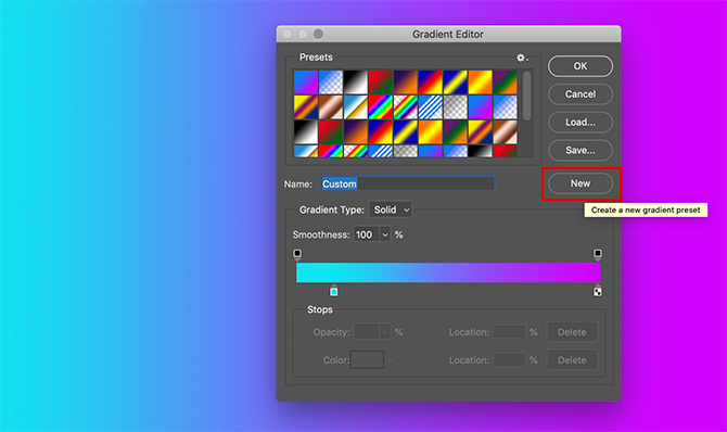 Creating Custom Gradient in Photoshop New Swatch