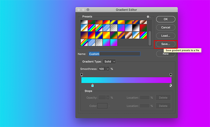 Creating Custom Gradient in Photoshop Save Swatch