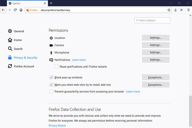 Firefox Privacy Permissions Settings