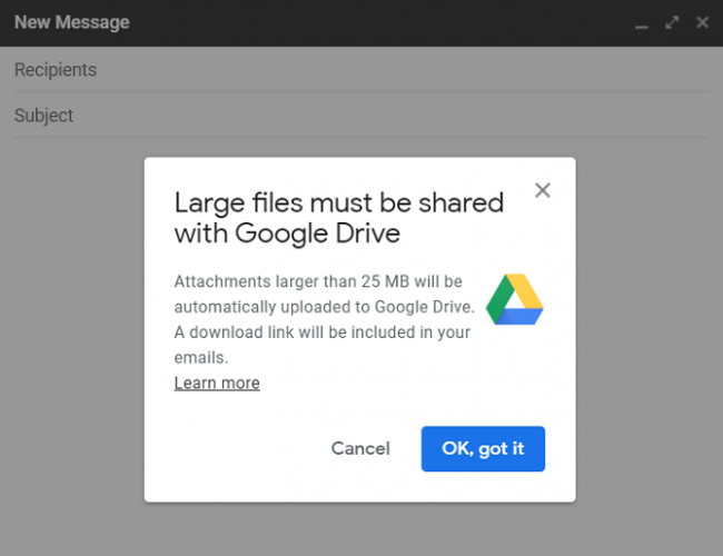 upload to google drive prompt in gmail