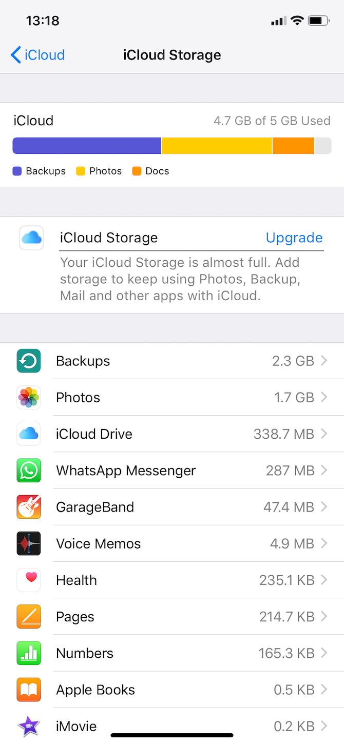 iCloud Storage settings