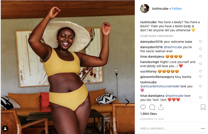 Model Tash Ncube promoting body positivity on Instagram