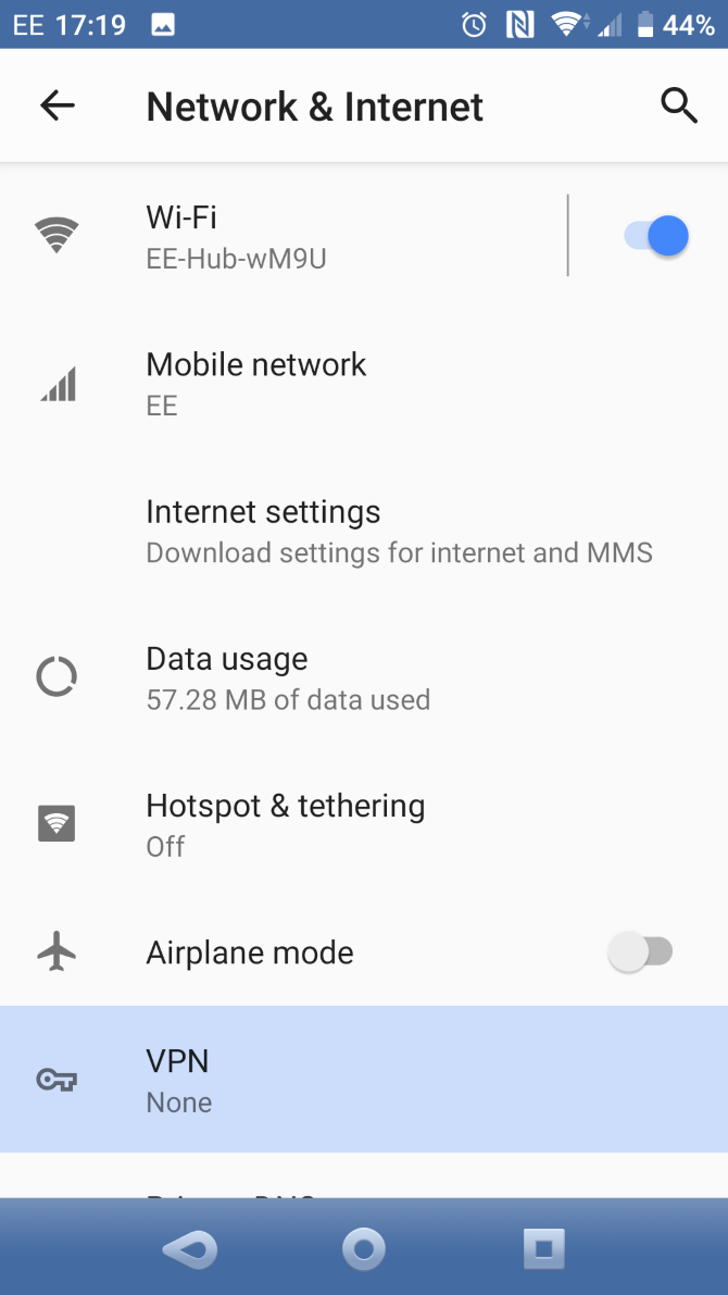 Access VPN settings via the Android network and internet menu