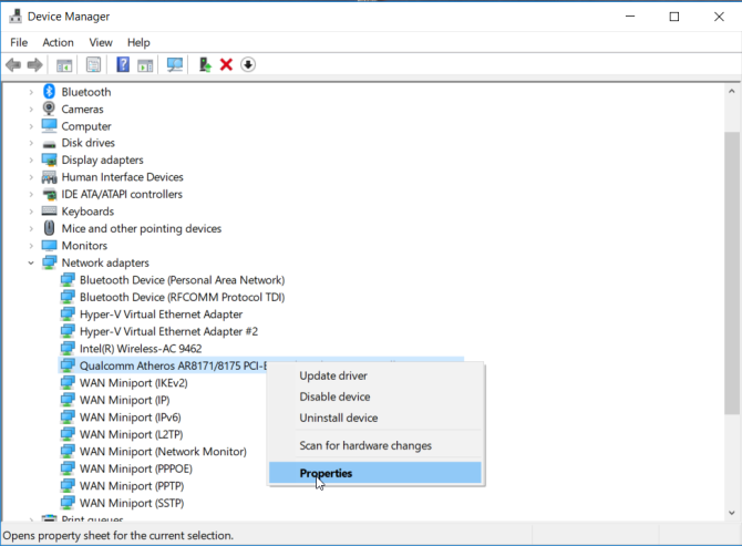 open the device manager properties