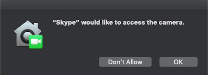 Prompt to allow Skype to use the camera on a Mac