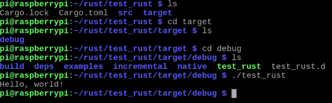 The file structure of the built rust project along with the hello world program running.