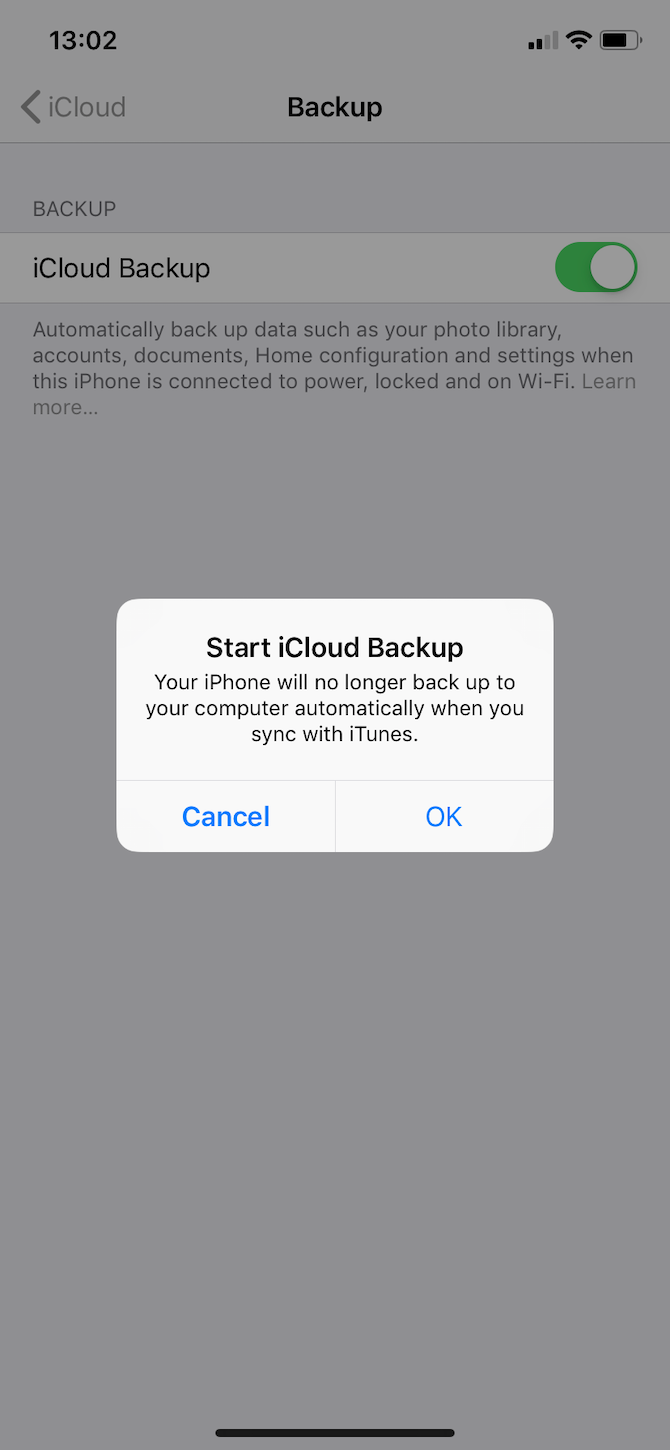 Window for activating iCloud Backup