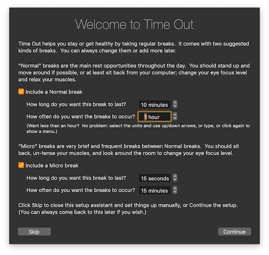 Setup screen for Time Out