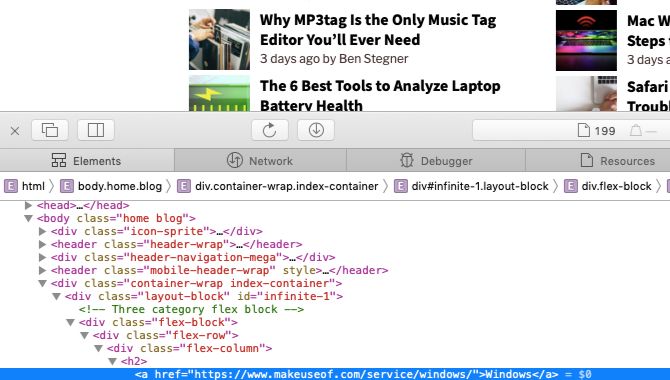 sample webpage data in Safari web inspector on Mac