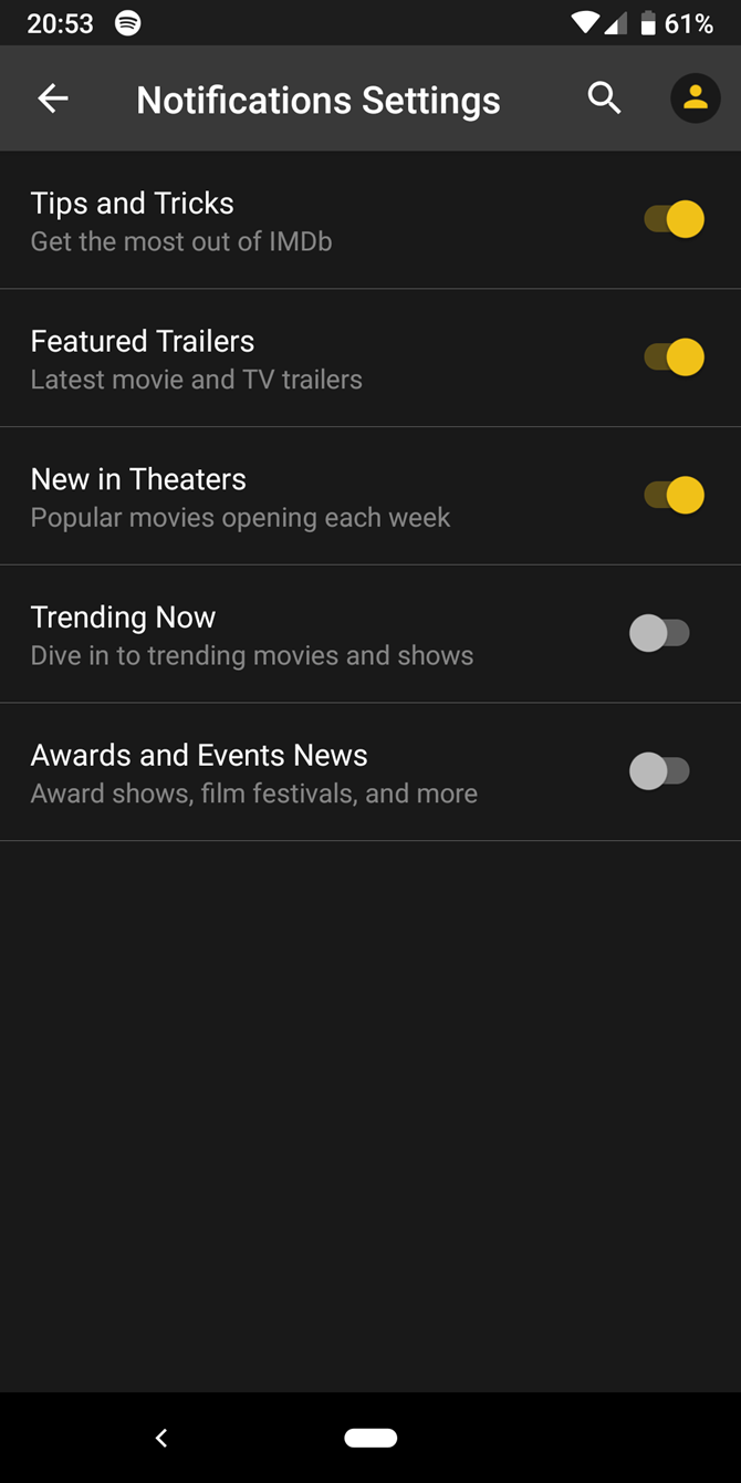 Android IMDb Notification Options