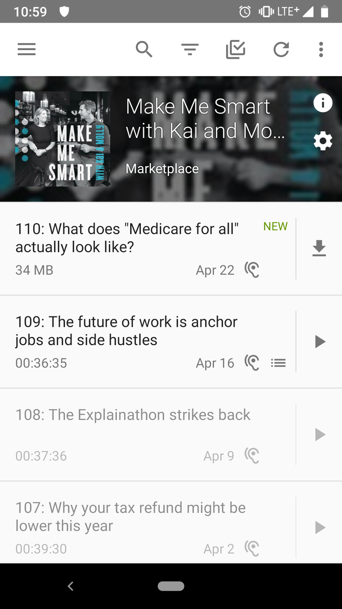 AntennaPod Android app displaying podcast episodes