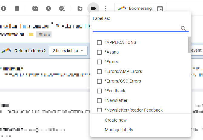 Open labels menu in Gmail with list of labels and manage labels option.