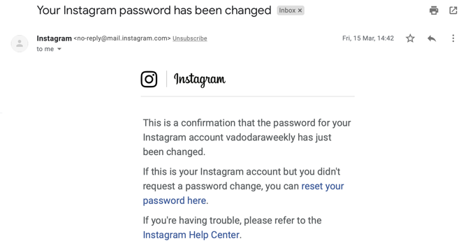 Instagram Password Changed Email