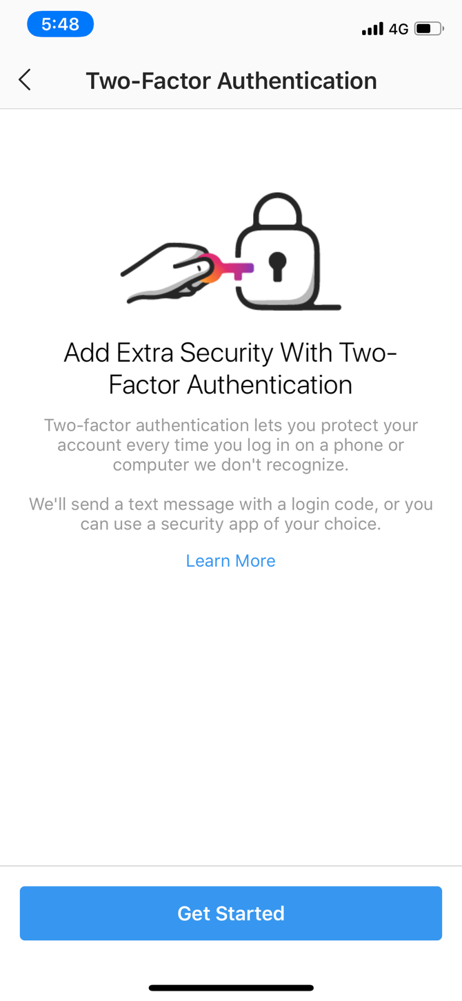 Instagram Two Factor Authentication Screen