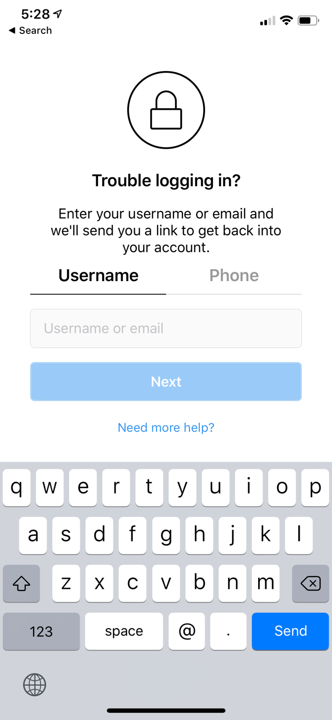 Instagram iPhone Forgot Password Screen