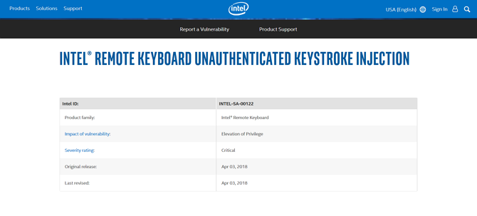 Screenshot of the Intel Remote Keyboard vulnerability disclosure