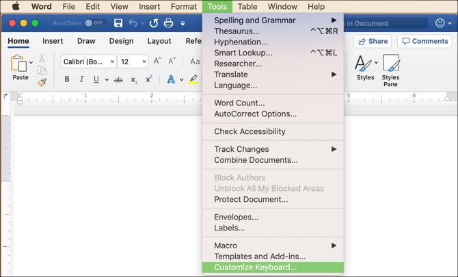 custom keyboard shortcuts for word 2016 mac