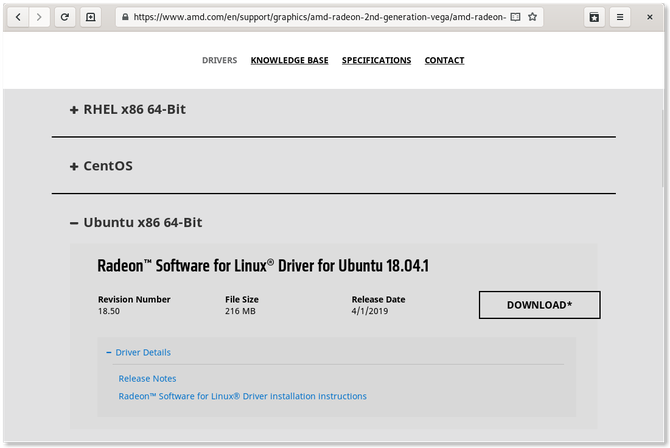 AMD website displaying graphics drivers available for Linux
