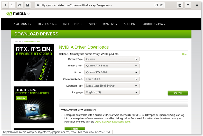 NVIDIA website displaying graphics drivers available for Linux