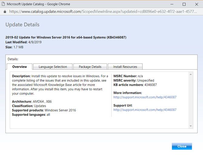 Windows Update Catalog Details Screen