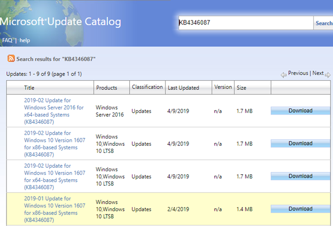 Windows Update Catalog Search