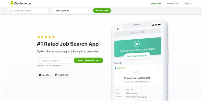 ZipRecruiter Job Search Main Page