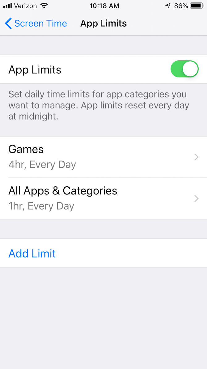 iOS App Limit Categories