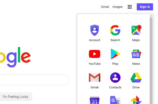 grid view of Google apps on Google homepage