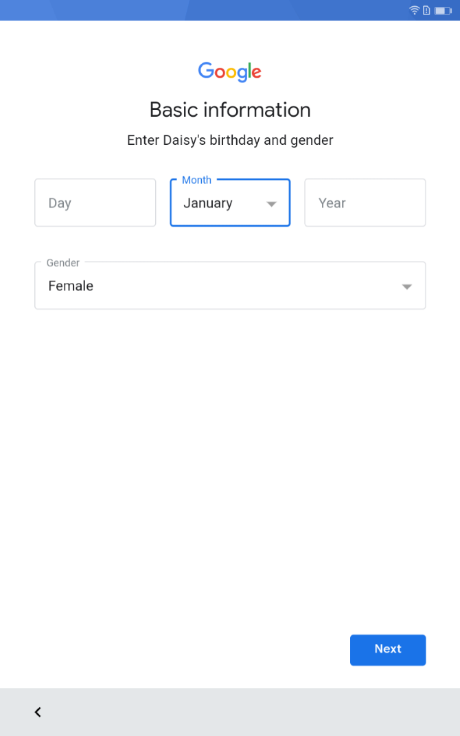 Create a child account on Android