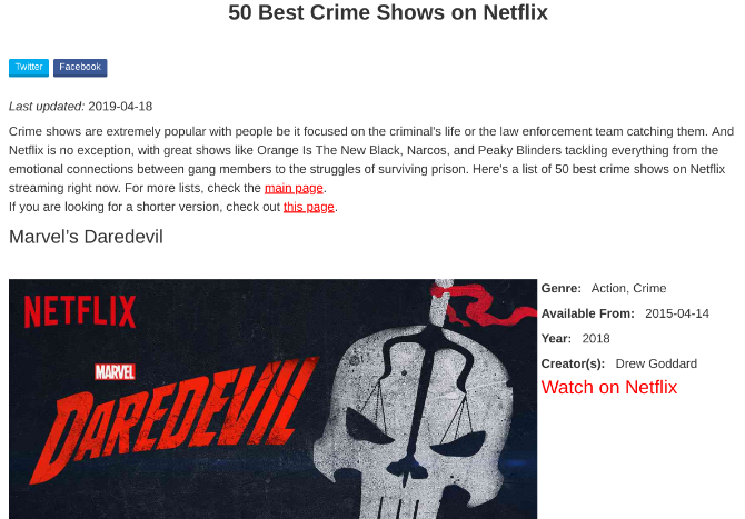 Flixwatch recommends "best of" lissts for different genres on Netflix