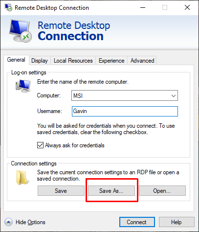 remote desktop connection save as
