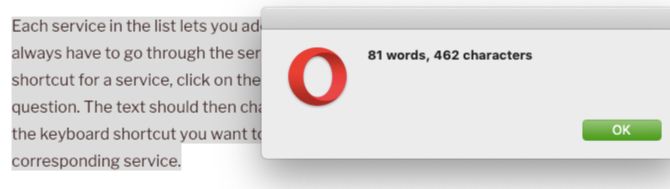 Output of word counter service in Opera on macOS