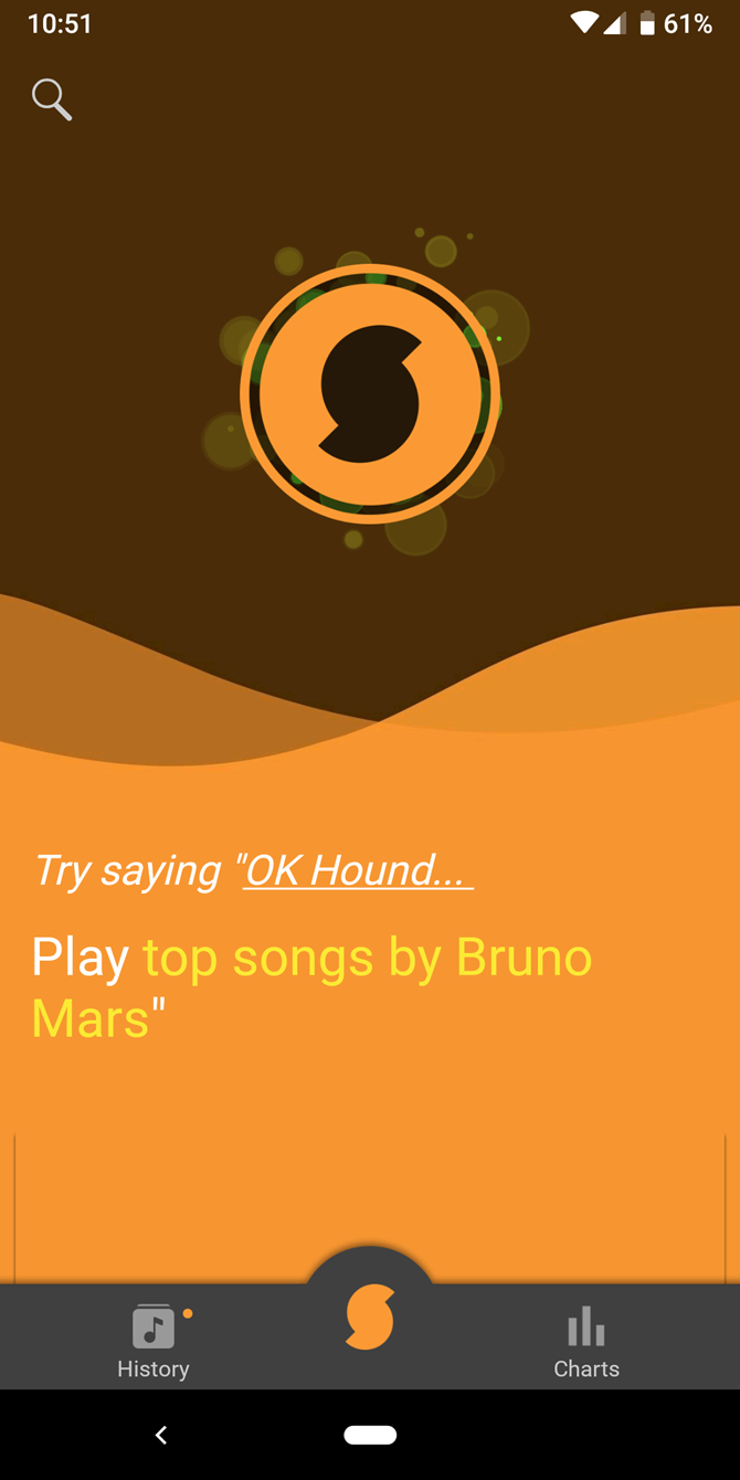 This is a screen capture of Soundhound's mobile song-finder interface showing the app's main button.