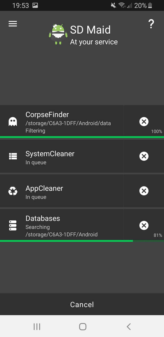 تطبيقات Android Cleaner شاشة مسح SD Maid