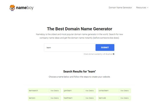 Nameboy website for finding domain names