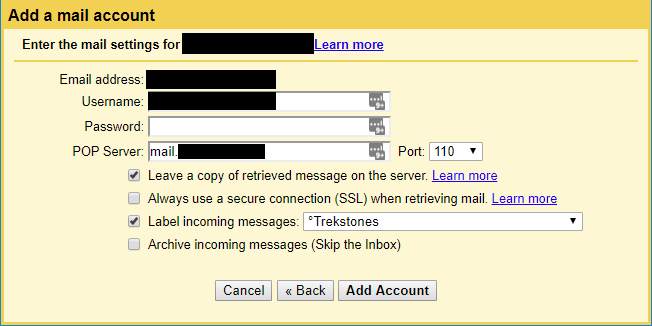 Add an email account to Gmail using POP3.
